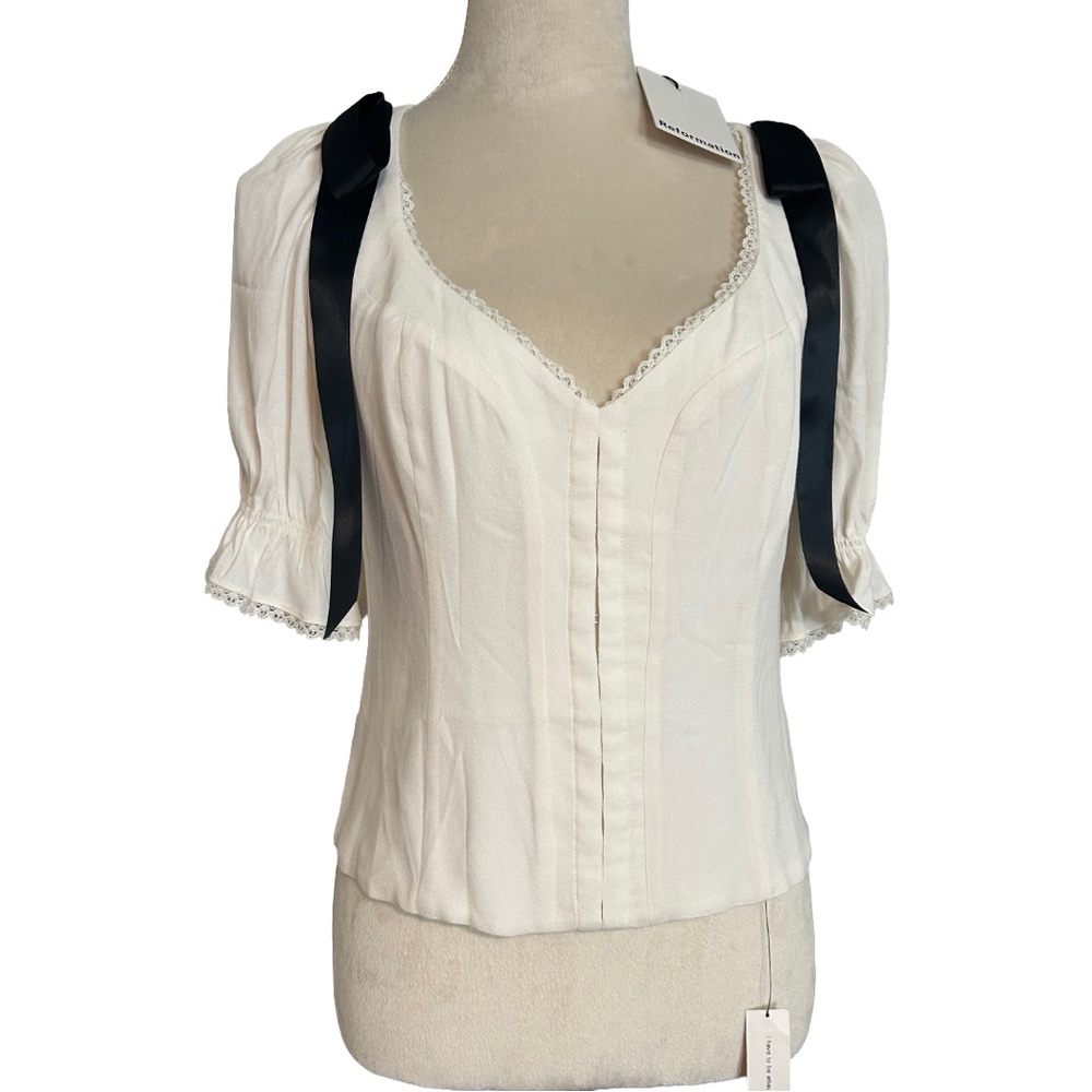 Reformation Inara White Blouse with Black Bows - Gossamer - 8 - NWT